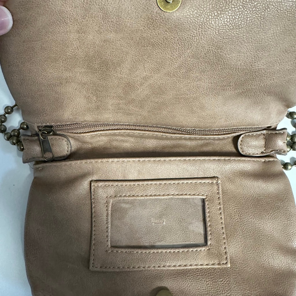 T-Shirt & Jeans Tan Laser Cut Crossbody Bag geometric ball chain strap purse - Picture 15 of 16